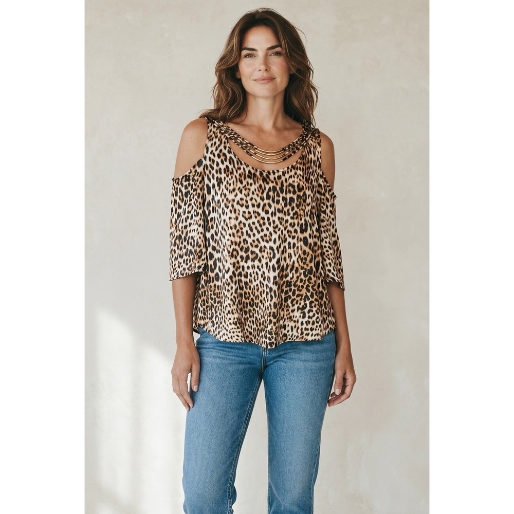Bold Elements Cut To Curve Leopard Print Cold Shoulder Women's Blouse Size 2XL